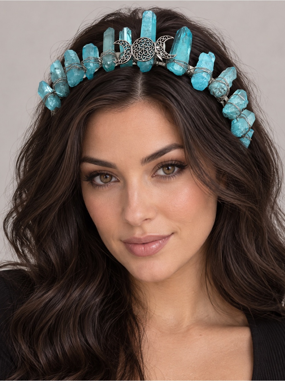 Custom Blue Crystal Look Triple Moon Wire Wrapped Statement Headband Crown
